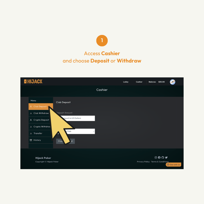How to Deposit or Withdraw Cash in Hijack Poker Web 01
