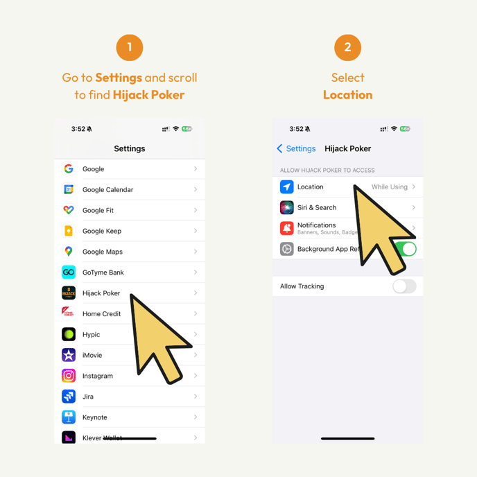 How to Re Enable Location for Hijack Poker App iOS Enable App Location Permission 01 02