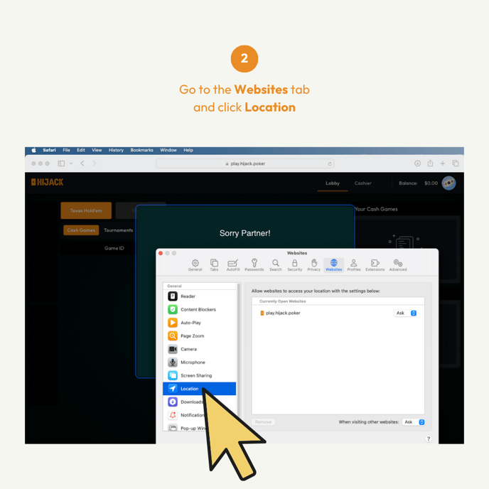 How to Re Enable Location for Hijack Poker Web Browsers Safari 02